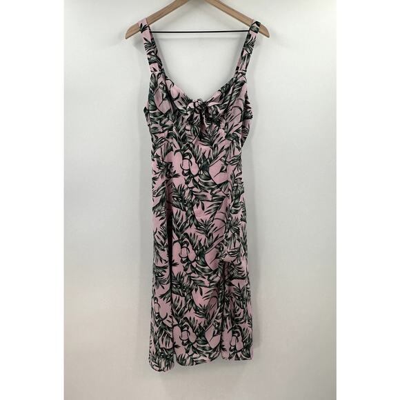 La Paz Pink and Green Leaf Print Tie-Front Midi Dress Size Medium Wedding Guest - Picture 2 of 10